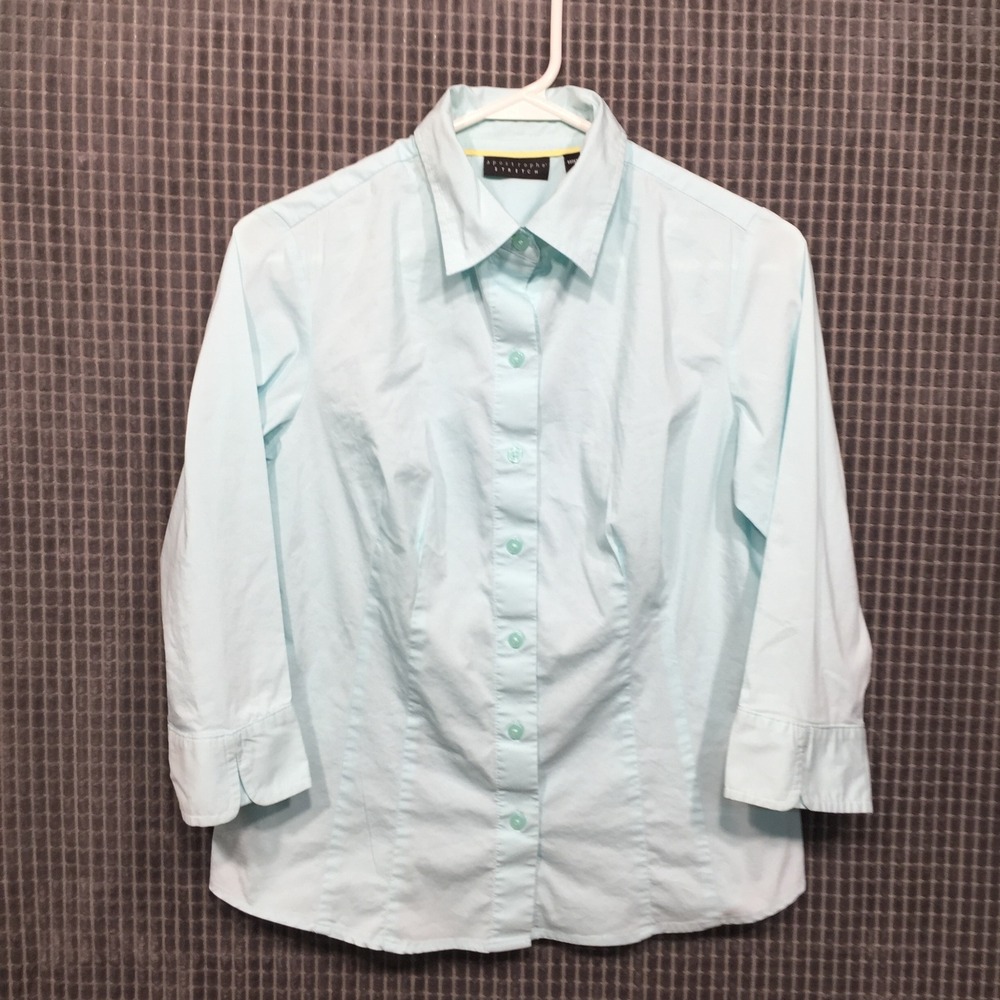 Apostrophe Stretch Light Aqua‎ Blue 3/4 Sleeve Button Down Shirt Small Career